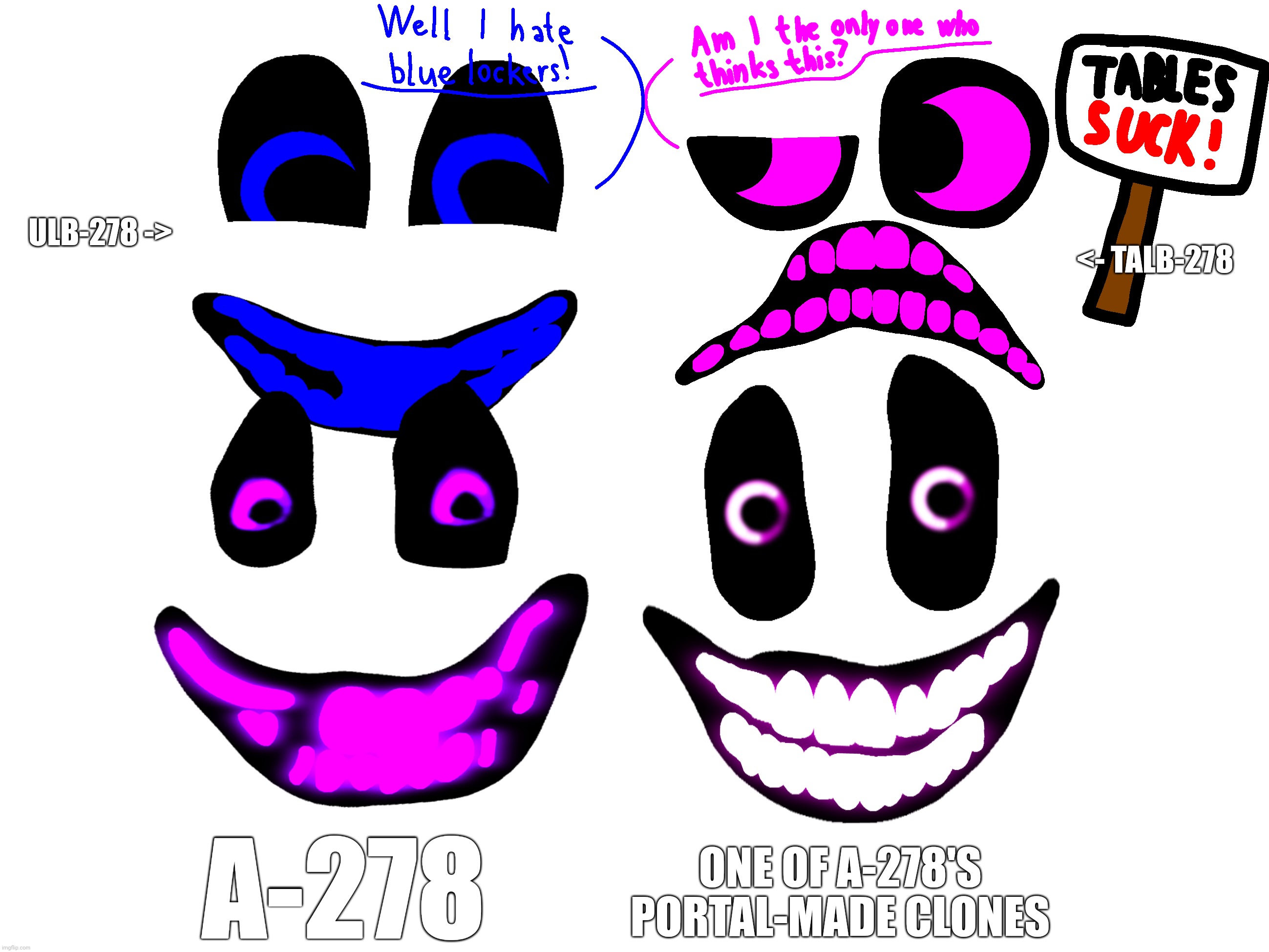 I did a little drawing of the 4 versions of A-278 | <- TALB-278; ULB-278 ->; A-278; ONE OF A-278'S PORTAL-MADE CLONES | made w/ Imgflip meme maker