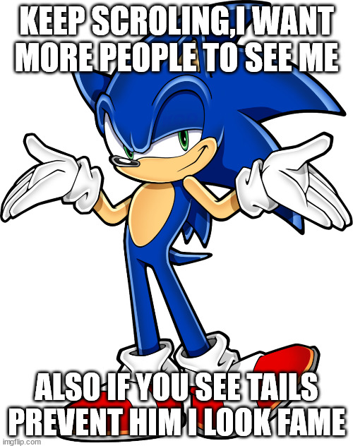 continue | KEEP SCROLING,I WANT MORE PEOPLE TO SEE ME; ALSO IF YOU SEE TAILS PREVENT HIM I LOOK FAME | image tagged in sonic shrugging | made w/ Imgflip meme maker