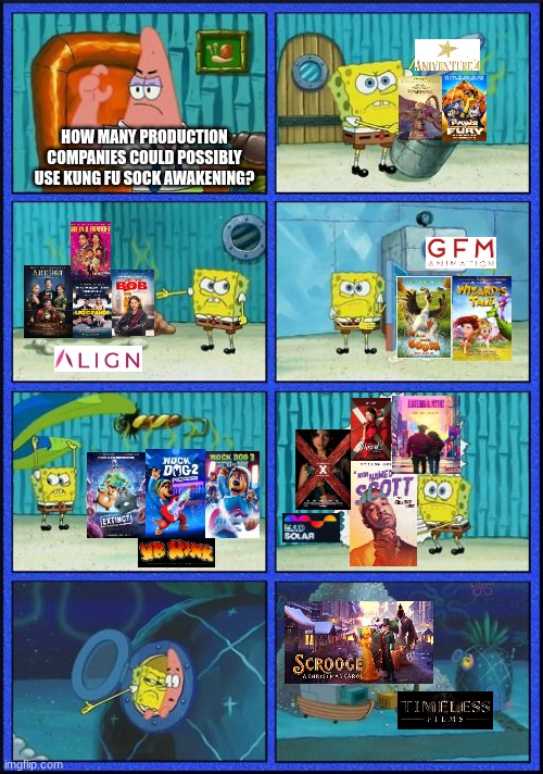 Spongebob HMMM Meme | HOW MANY PRODUCTION COMPANIES COULD POSSIBLY USE KUNG FU SOCK AWAKENING? | image tagged in spongebob hmmm meme | made w/ Imgflip meme maker