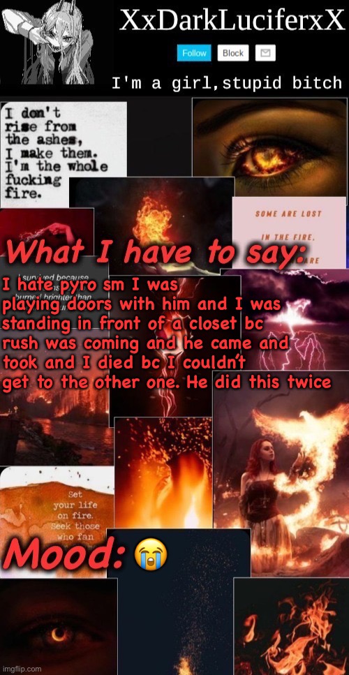Dark Lucifer Announcement temp | I hate pyro sm I was playing doors with him and I was standing in front of a closet bc rush was coming and he came and took and I died bc I couldn’t get to the other one. He did this twice; 😭 | image tagged in dark lucifer announcement temp | made w/ Imgflip meme maker