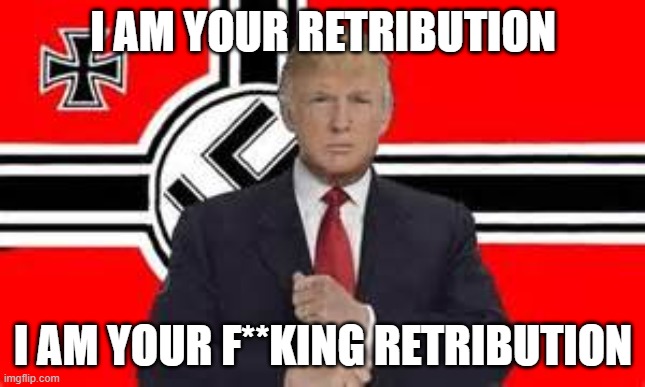 donald trump punk nitch | I AM YOUR RETRIBUTION I AM YOUR F**KING RETRIBUTION | image tagged in donald trump punk nitch | made w/ Imgflip meme maker