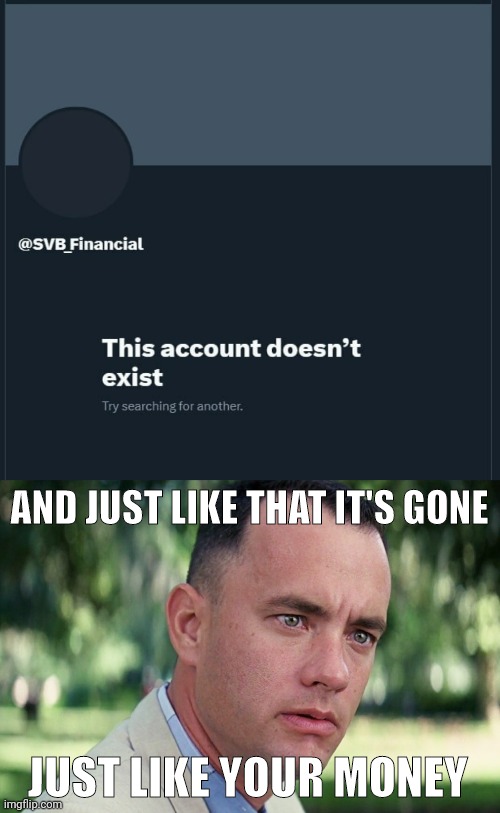 SVB has apparently deleted their Twitter account. | AND JUST LIKE THAT IT'S GONE; JUST LIKE YOUR MONEY | image tagged in memes,and just like that | made w/ Imgflip meme maker