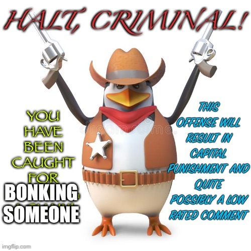 Halt, criminal! Original temp | BONKING SOMEONE | image tagged in halt criminal original temp | made w/ Imgflip meme maker