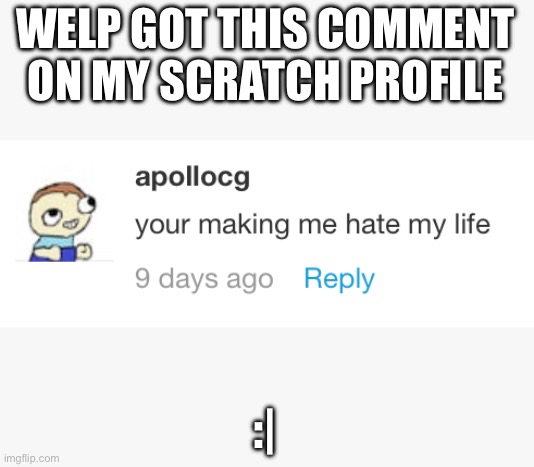 :| | WELP GOT THIS COMMENT ON MY SCRATCH PROFILE; :| | made w/ Imgflip meme maker