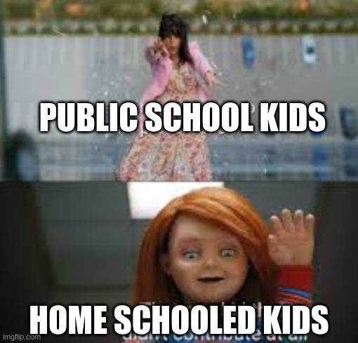 school is brutal | PUBLIC SCHOOL KIDS; HOME SCHOOLED KIDS | image tagged in chucky,school,private,public | made w/ Imgflip meme maker