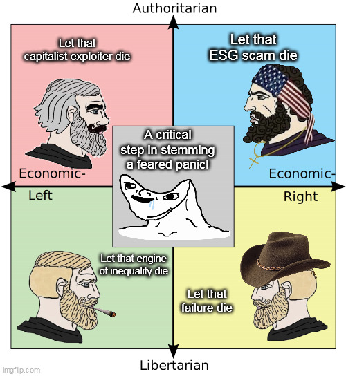 Silicon Valley Bank | Let that ESG scam die; Let that capitalist exploiter die; A critical step in stemming a feared panic! Let that engine of inequality die; Let that failure die | image tagged in political compass with centrism | made w/ Imgflip meme maker