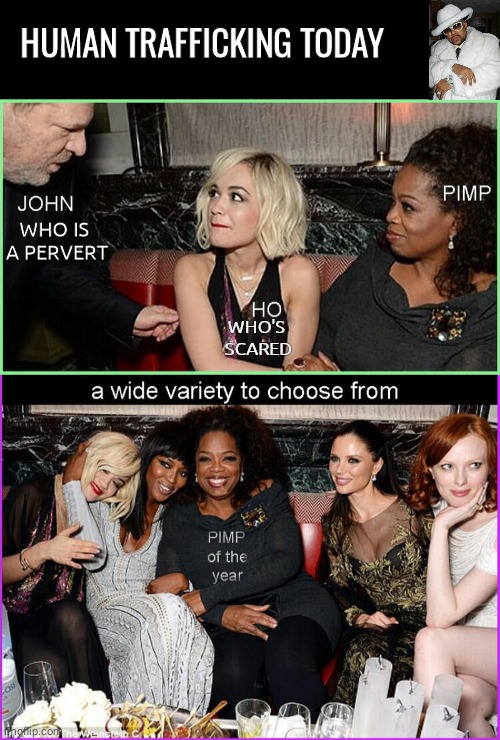 Oprah pumped girls for Harvey Weinstein | HUMAN TRAFFICKING TODAY; WHO IS 
A PERVERT; WHO'S 
SCARED | image tagged in oprah | made w/ Imgflip meme maker