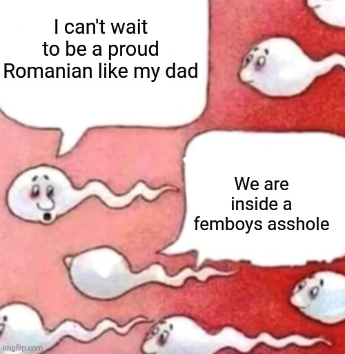 Sperm conversation | I can't wait to be a proud Romanian like my dad; We are inside a femboys asshole | image tagged in sperm conversation | made w/ Imgflip meme maker