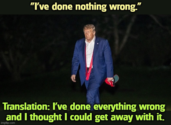 Until now. | "I've done nothing wrong."; Translation: I've done everything wrong 
and I thought I could get away with it. | image tagged in trump tulsa big fat loser defeat,trump,crime,criminal,cheat,liar | made w/ Imgflip meme maker