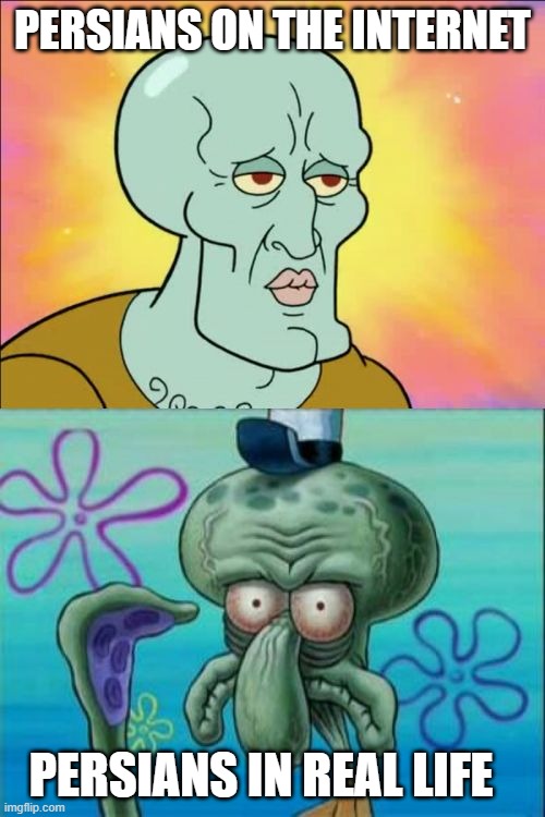 the beauty of persians appears only on google images | PERSIANS ON THE INTERNET; PERSIANS IN REAL LIFE | image tagged in memes,squidward,iran,persian,persians,persia | made w/ Imgflip meme maker