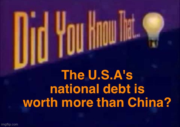 politics | The U.S.A's national debt is worth more than China? | image tagged in did you know that,usa,national debt,china | made w/ Imgflip meme maker