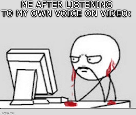 One of the worst things to ever hear | ME AFTER LISTENING TO MY OWN VOICE ON VIDEO: | image tagged in ears bleeding,relatable,so true,true story,memes,funny | made w/ Imgflip meme maker