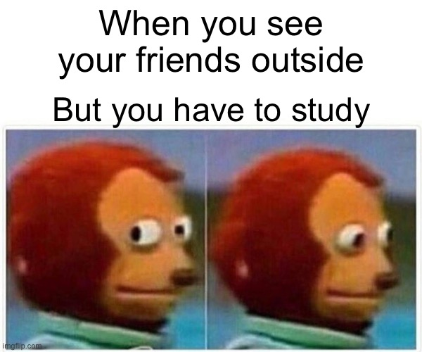 Friends suck | When you see your friends outside; But you have to study | image tagged in memes,monkey puppet,study | made w/ Imgflip meme maker