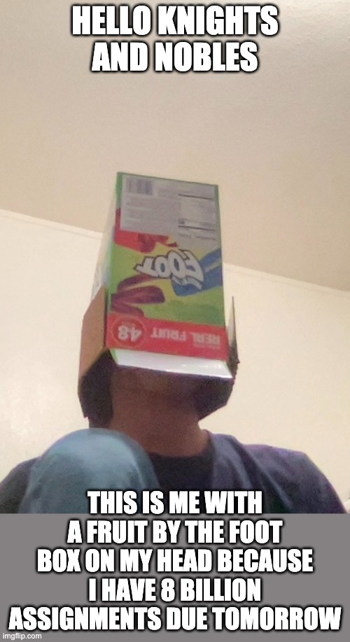 kingsman here | HELLO KNIGHTS AND NOBLES; THIS IS ME WITH A FRUIT BY THE FOOT BOX ON MY HEAD BECAUSE I HAVE 8 BILLION ASSIGNMENTS DUE TOMORROW | image tagged in memes,help | made w/ Imgflip meme maker