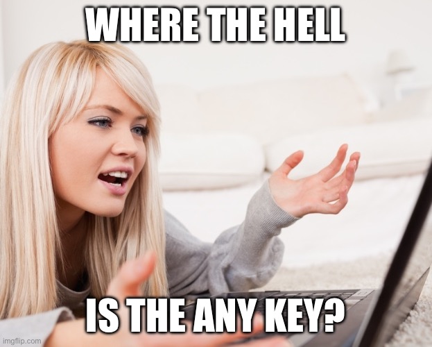 frustrated hot computer girl | WHERE THE HELL; IS THE ANY KEY? | image tagged in frustrated hot computer girl | made w/ Imgflip meme maker