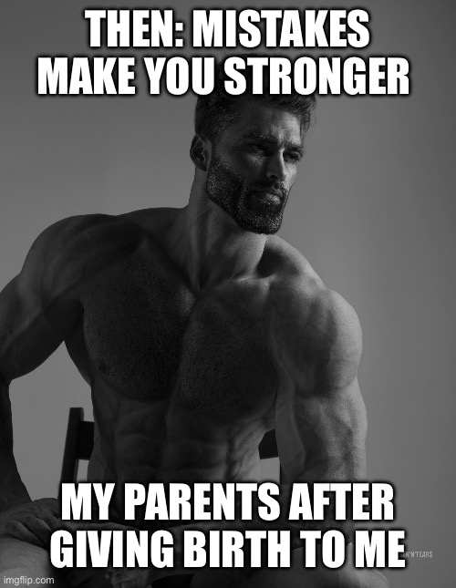 Self burn | THEN: MISTAKES MAKE YOU STRONGER; MY PARENTS AFTER GIVING BIRTH TO ME | image tagged in giga chad,oof | made w/ Imgflip meme maker