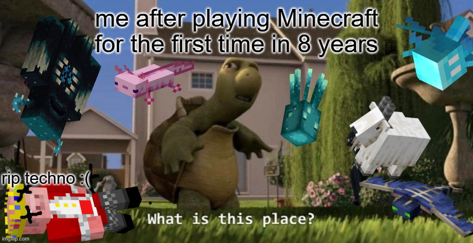 What is this place | me after playing Minecraft for the first time in 8 years; rip techno :( | image tagged in what is this place | made w/ Imgflip meme maker