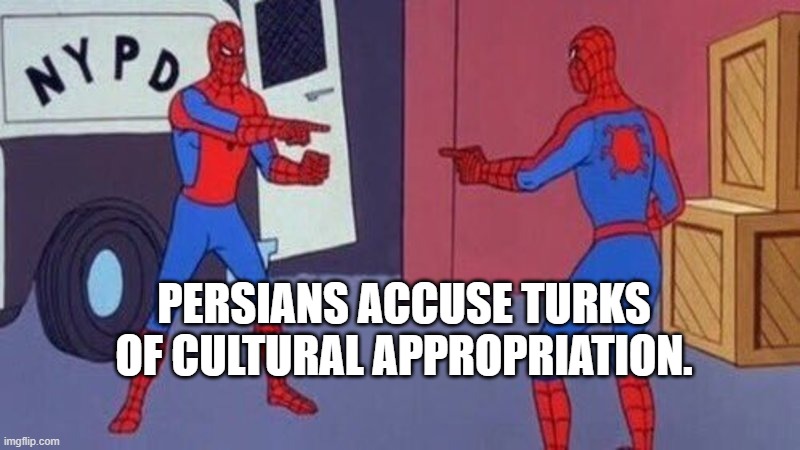 steal arabian inventions and they bitch when turks start claiming their poetry | PERSIANS ACCUSE TURKS OF CULTURAL APPROPRIATION. | image tagged in spiderman pointing at spiderman,iran,persian,persians,poetry,funny memes | made w/ Imgflip meme maker
