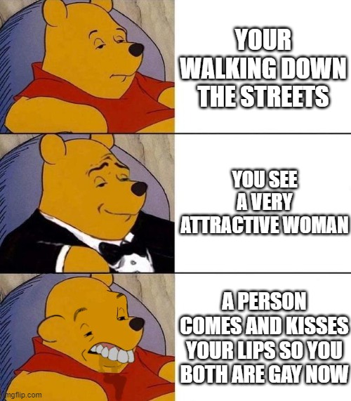 Best,Better, Blurst | YOUR WALKING DOWN THE STREETS; YOU SEE A VERY ATTRACTIVE WOMAN; A PERSON COMES AND KISSES YOUR LIPS SO YOU BOTH ARE GAY NOW | image tagged in best better blurst | made w/ Imgflip meme maker