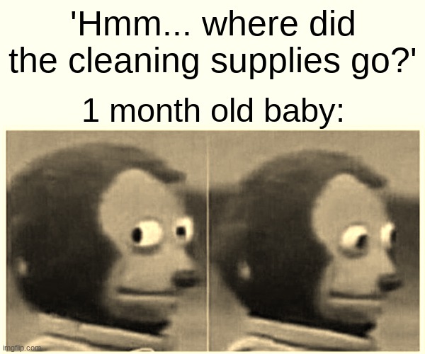 Gugu Cleanex | 'Hmm... where did the cleaning supplies go?'; 1 month old baby: | image tagged in memes,monkey puppet | made w/ Imgflip meme maker