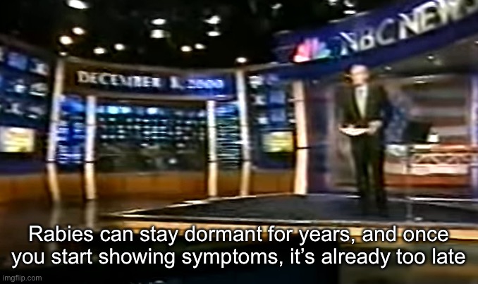 December 8, 2000 | Rabies can stay dormant for years, and once you start showing symptoms, it’s already too late | image tagged in december 8 2000 | made w/ Imgflip meme maker