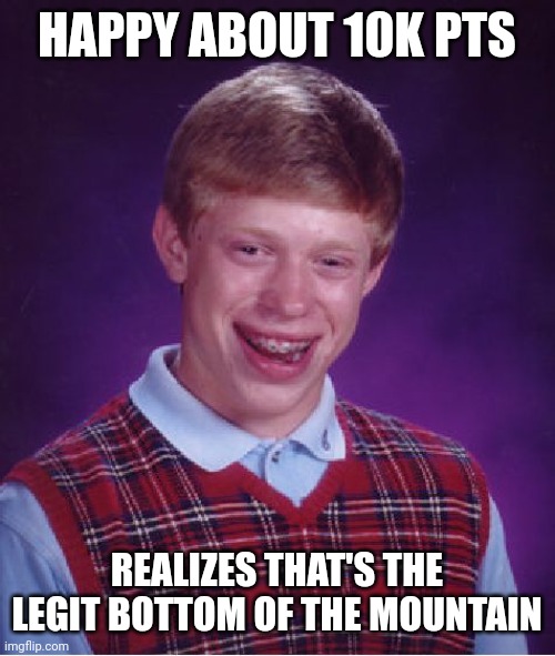 Hokage is my dream, nerds! | HAPPY ABOUT 10K PTS; REALIZES THAT'S THE LEGIT BOTTOM OF THE MOUNTAIN | image tagged in memes,bad luck brian,imgflip points | made w/ Imgflip meme maker