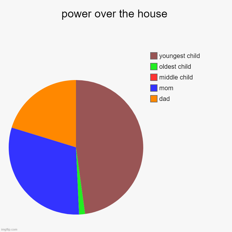 power over the house | dad, mom, middle child, oldest child, youngest child | image tagged in charts,pie charts | made w/ Imgflip chart maker