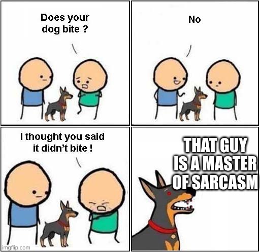 good dogy | THAT GUY IS A MASTER OF SARCASM | image tagged in does your dog bite | made w/ Imgflip meme maker