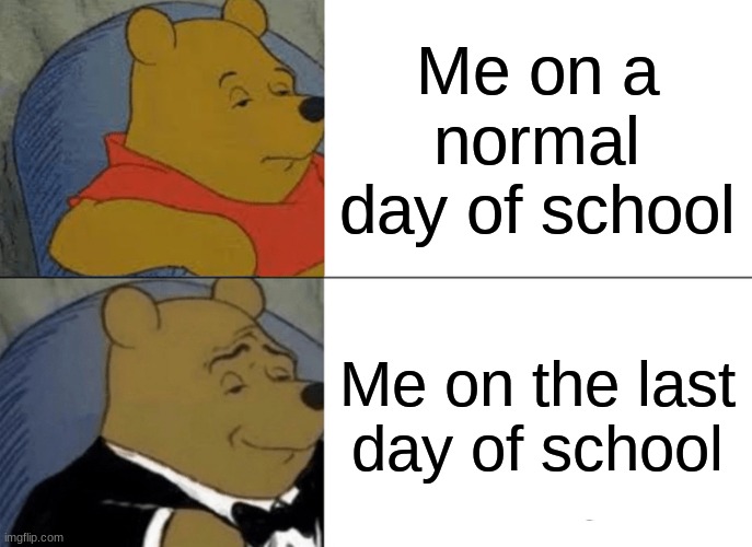 Tuxedo Winnie The Pooh | Me on a normal day of school; Me on the last day of school | image tagged in memes,tuxedo winnie the pooh | made w/ Imgflip meme maker
