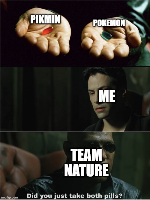 Did you just take both pills? | POKEMON; PIKMIN; ME; TEAM NATURE | image tagged in did you just take both pills | made w/ Imgflip meme maker