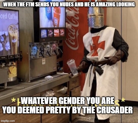 Crusader aproves | WHEN THE FTM SENDS YOU NUDES AND HE IS AMAZING LOOKING; WHATEVER GENDER YOU ARE YOU DEEMED PRETTY BY THE CRUSADER | image tagged in holy music stops | made w/ Imgflip meme maker