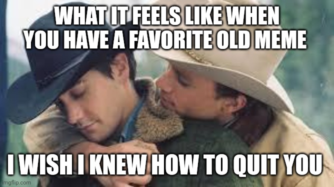 Brokeback Mountain | WHAT IT FEELS LIKE WHEN YOU HAVE A FAVORITE OLD MEME; I WISH I KNEW HOW TO QUIT YOU | image tagged in brokeback mountain | made w/ Imgflip meme maker