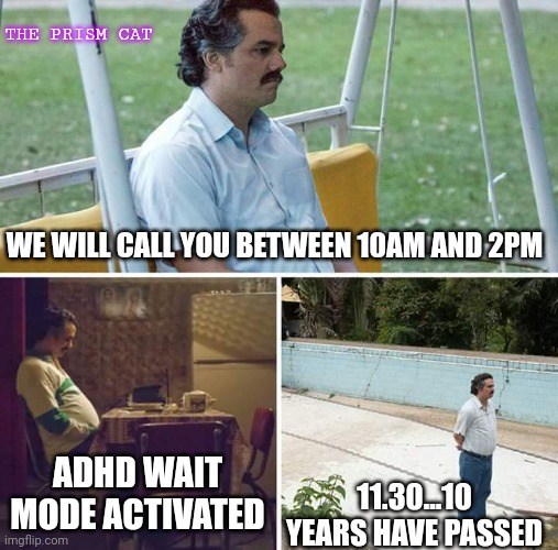 Adhd waiting mode | THE PRISM CAT; WE WILL CALL YOU BETWEEN 10AM AND 2PM; ADHD WAIT MODE ACTIVATED; 11.30...10 YEARS HAVE PASSED | image tagged in memes,sad pablo escobar | made w/ Imgflip meme maker