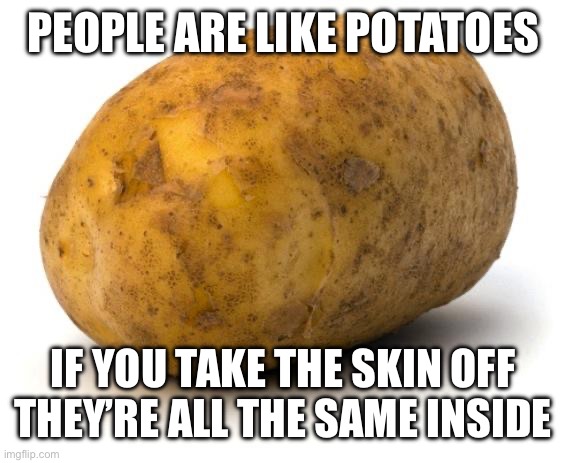 I am a potato | PEOPLE ARE LIKE POTATOES IF YOU TAKE THE SKIN OFF THEY’RE ALL THE SAME INSIDE | image tagged in i am a potato | made w/ Imgflip meme maker