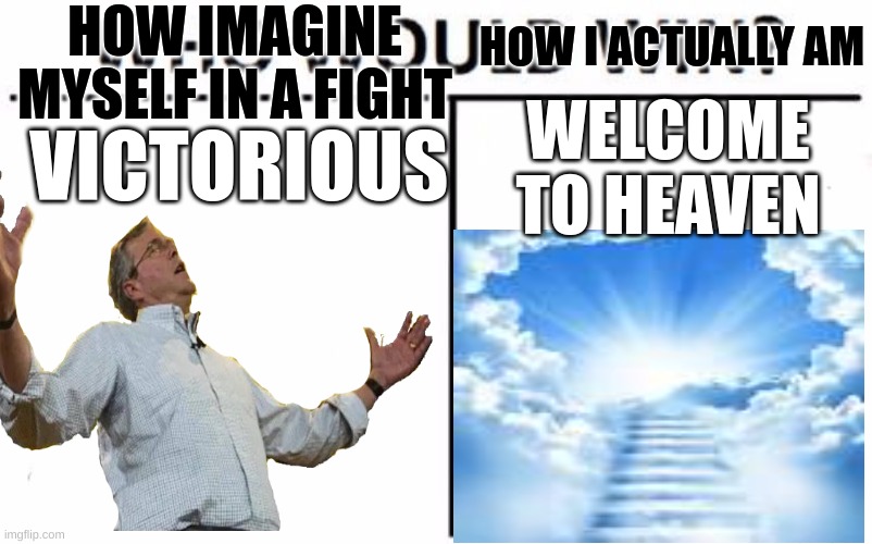 this is a true story of what happened to me | HOW IMAGINE MYSELF IN A FIGHT; HOW I ACTUALLY AM; WELCOME TO HEAVEN; VICTORIOUS | image tagged in facts | made w/ Imgflip meme maker