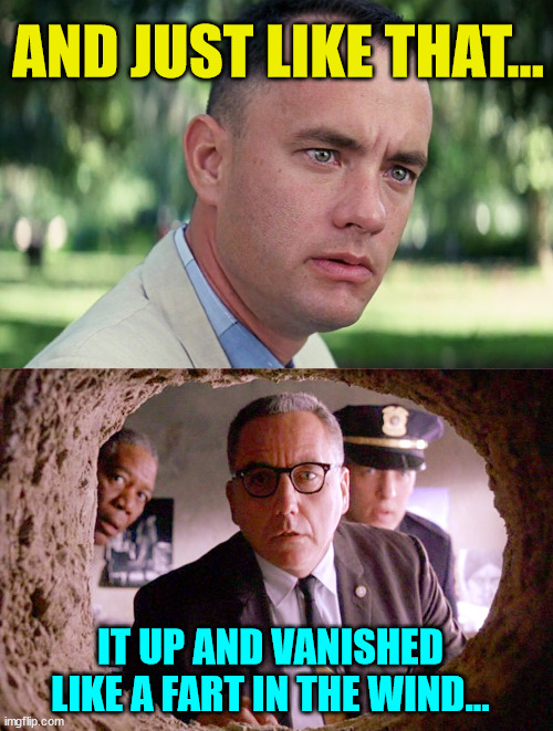 AND JUST LIKE THAT... IT UP AND VANISHED LIKE A FART IN THE WIND... | image tagged in memes,and just like that,shawshank warden | made w/ Imgflip meme maker