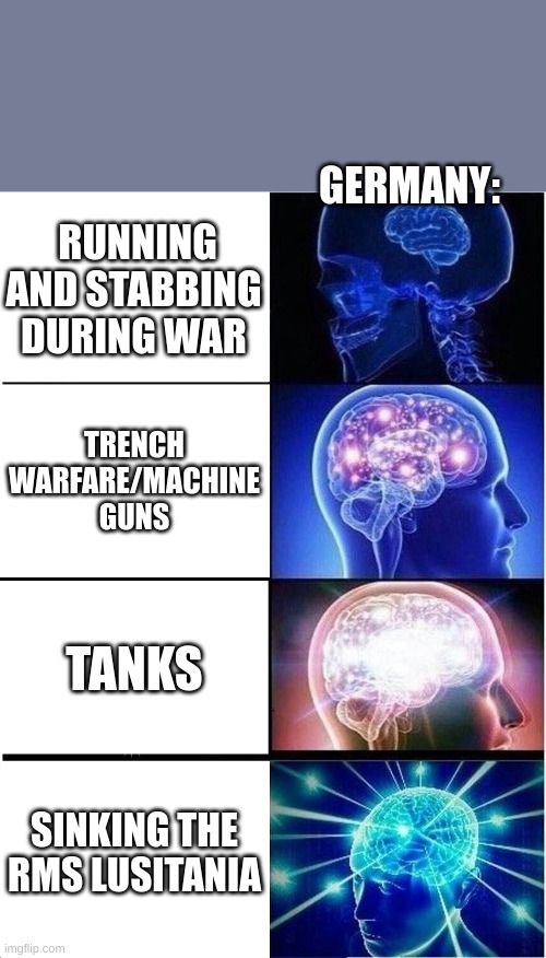 Expanding Brain Meme | GERMANY:; RUNNING AND STABBING
DURING WAR; TRENCH WARFARE/MACHINE GUNS; TANKS; SINKING THE RMS LUSITANIA | image tagged in memes,expanding brain | made w/ Imgflip meme maker