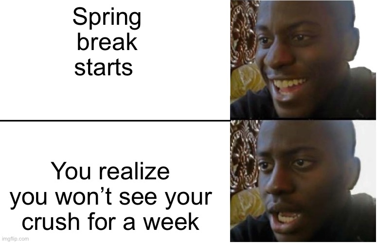 Disappointed Black Guy | Spring break starts; You realize you won’t see your crush for a week | image tagged in disappointed black guy,school | made w/ Imgflip meme maker