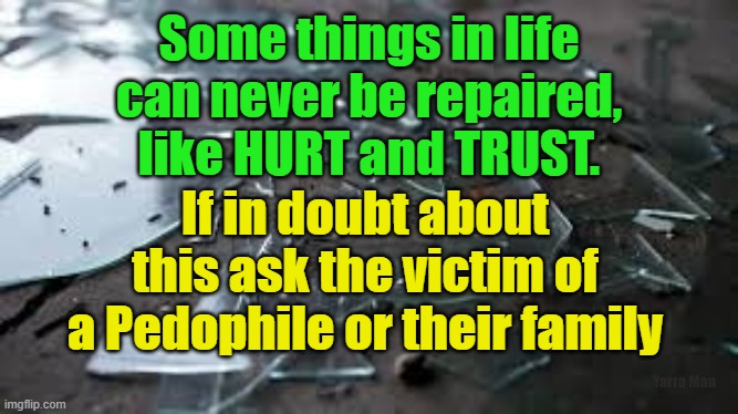 Pedophiles Trust and hurt | Some things in life can never be repaired, like HURT and TRUST. If in doubt about this ask the victim of a Pedophile or their family; Yarra Man | image tagged in predators,maggots,rock spiders | made w/ Imgflip meme maker