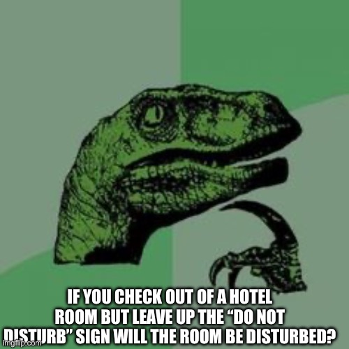 Do Not Disturb | IF YOU CHECK OUT OF A HOTEL ROOM BUT LEAVE UP THE “DO NOT DISTURB” SIGN WILL THE ROOM BE DISTURBED? | image tagged in time raptor,hotel,do not disturb,what happens,silly | made w/ Imgflip meme maker
