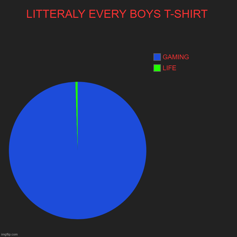 KIDS t-shirts be like: | LITTERALY EVERY BOYS T-SHIRT | LIFE, GAMING | image tagged in charts,pie charts | made w/ Imgflip chart maker