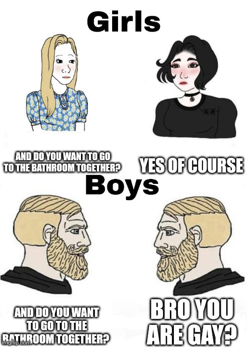 Girls vs Boys | YES OF COURSE; AND DO YOU WANT TO GO TO THE BATHROOM TOGETHER? BRO YOU ARE GAY? AND DO YOU WANT TO GO TO THE BATHROOM TOGETHER? | image tagged in girls vs boys | made w/ Imgflip meme maker