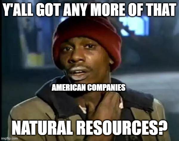 as an American I can confirm | Y'ALL GOT ANY MORE OF THAT; AMERICAN COMPANIES; NATURAL RESOURCES? | image tagged in memes,y'all got any more of that | made w/ Imgflip meme maker