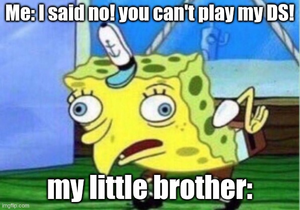 Mocking Spongebob | Me: I said no! you can't play my DS! my little brother: | image tagged in memes,mocking spongebob | made w/ Imgflip meme maker