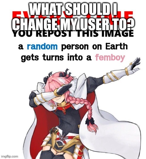 Every time you repost this image femboy | WHAT SHOULD I CHANGE MY USER TO? | image tagged in every time you repost this image femboy | made w/ Imgflip meme maker
