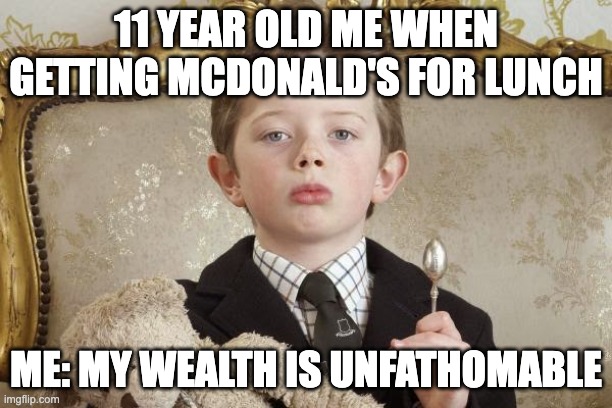 Feasting like a King | 11 YEAR OLD ME WHEN GETTING MCDONALD'S FOR LUNCH; ME: MY WEALTH IS UNFATHOMABLE | image tagged in rich kid | made w/ Imgflip meme maker