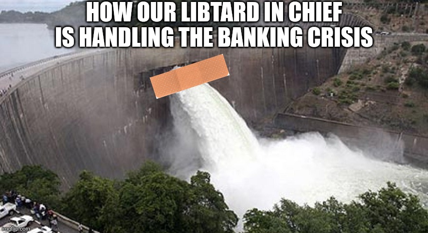 dam breaking | HOW OUR LIBTARD IN CHIEF IS HANDLING THE BANKING CRISIS | image tagged in dam breaking | made w/ Imgflip meme maker