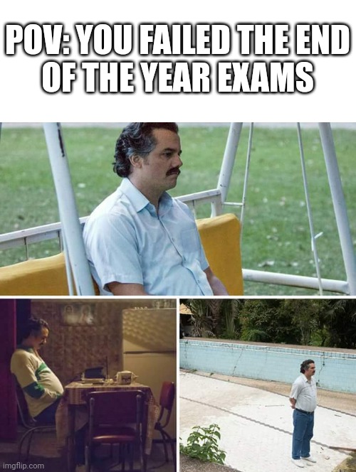 well im sad cus of this | POV: YOU FAILED THE END
OF THE YEAR EXAMS | image tagged in memes,sad pablo escobar | made w/ Imgflip meme maker