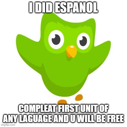IM FREEEEEEEEEEEEEEEEEEEEEEEEEEEEEEEEEEEEEEEEEEEEEEEEEEEEEEEEEEEEEEEEEEEEEEEEEEEEEEEEEEEEEEEEEEEEE | I DID ESPANOL; COMPLEAT FIRST UNIT OF ANY LAGUAGE AND U WILL BE FREE | image tagged in things duolingo teaches you | made w/ Imgflip meme maker