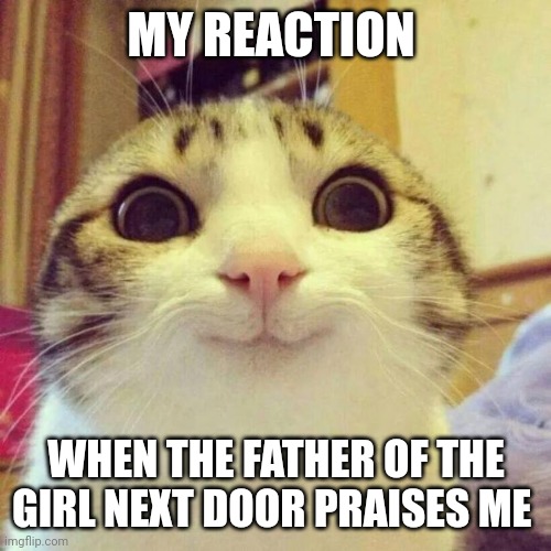 When my reaction | MY REACTION; WHEN THE FATHER OF THE GIRL NEXT DOOR PRAISES ME | image tagged in memes,smiling cat | made w/ Imgflip meme maker